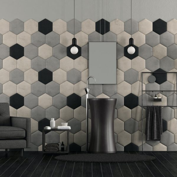 Bathroom with sink and hexagonal tiles